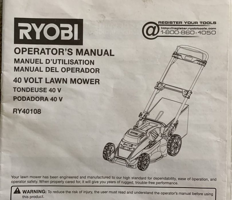 RYOBI RY40108 Lawn Mower 04 810x698 Used RYOBI 40 Volt Lawn Mower with Battery Charger