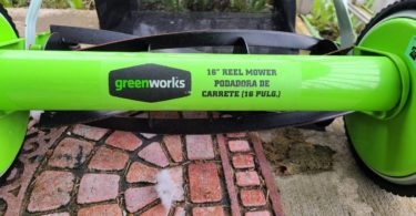 Greenworks 16 inch Reel Mower 1 375x195 Like new Greenworks 16 inch Reel Mower with bag to catch grass