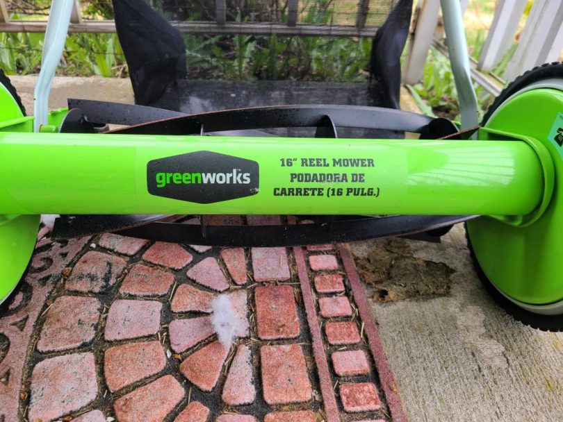 Greenworks 16 inch Reel Mower 1 810x608 Like new Greenworks 16 inch Reel Mower with bag to catch grass