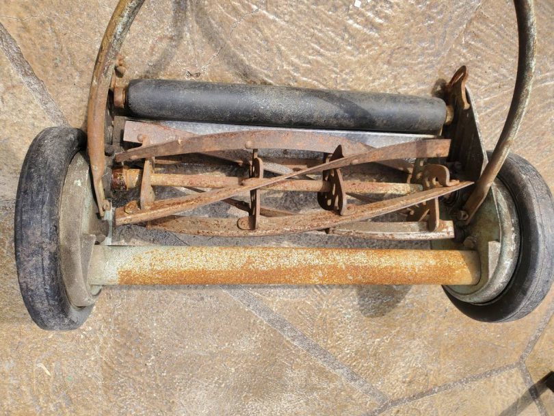 Henley reel lawn mower 4 810x608 Antique hand push reel type lawn Mower for sale