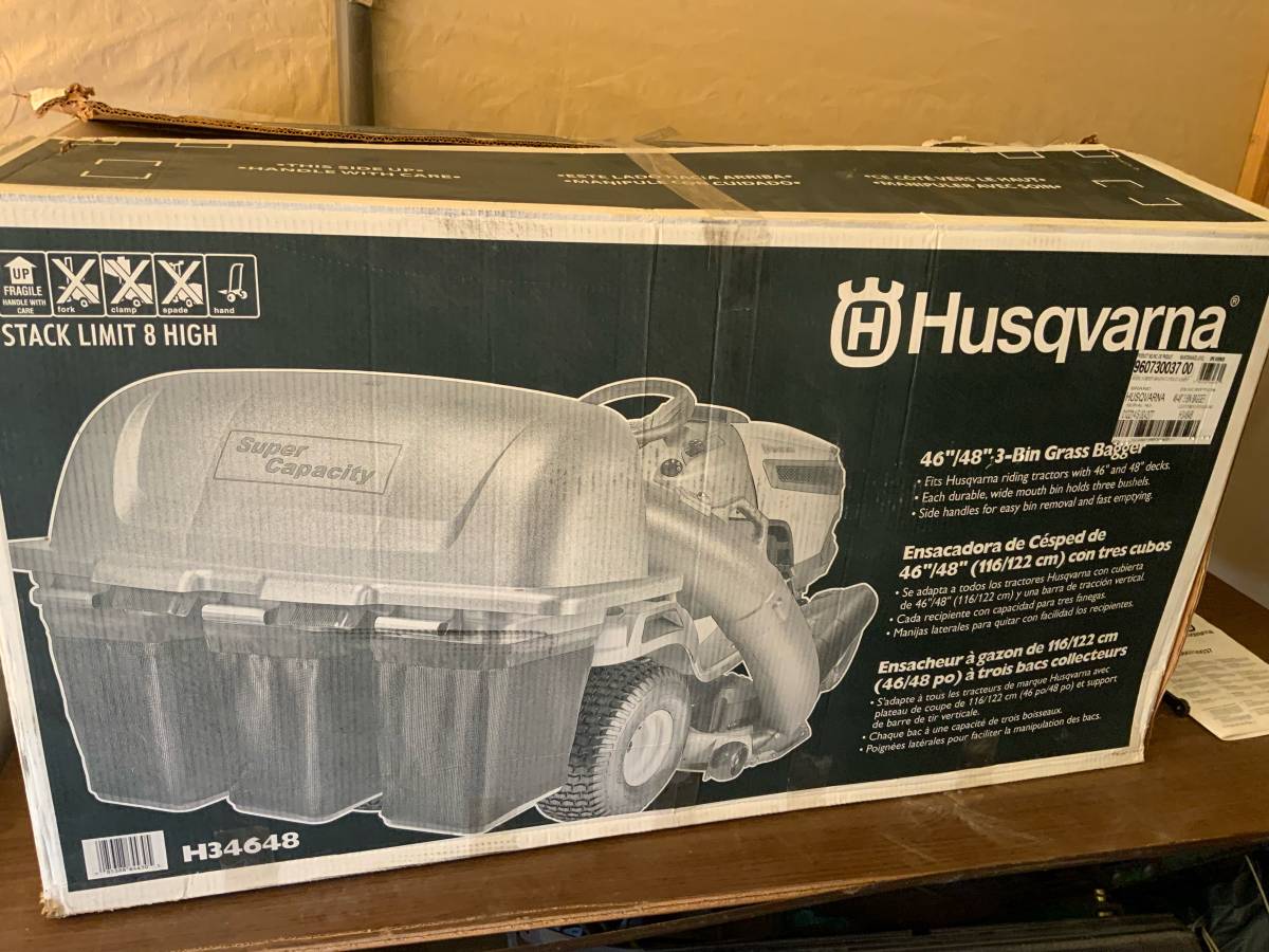 Used Husqvarna 3 bin riding lawn mower grass bagger 00h0h b61oY3V5JUQ 0CI0t2 1200x900 Used Husqvarna 3 bin riding lawn mower grass bagger